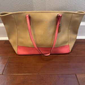 Coach Saffiano Leather Colorblock NS Zip Top Tote Bag Purse in Camel/Coral